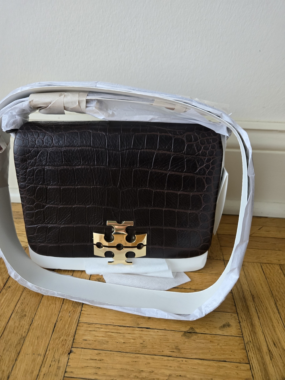 Brand New With Tags Tory Burch Croc-embossed Charlie Runway Crossbody Bag